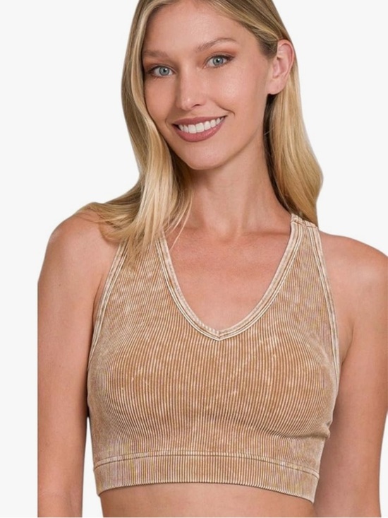 Zenana Outfitters Tops - Zenana Trista Washed Ribbed Seamless V-Neck Racerback Padded Bra Deep Camel S/M